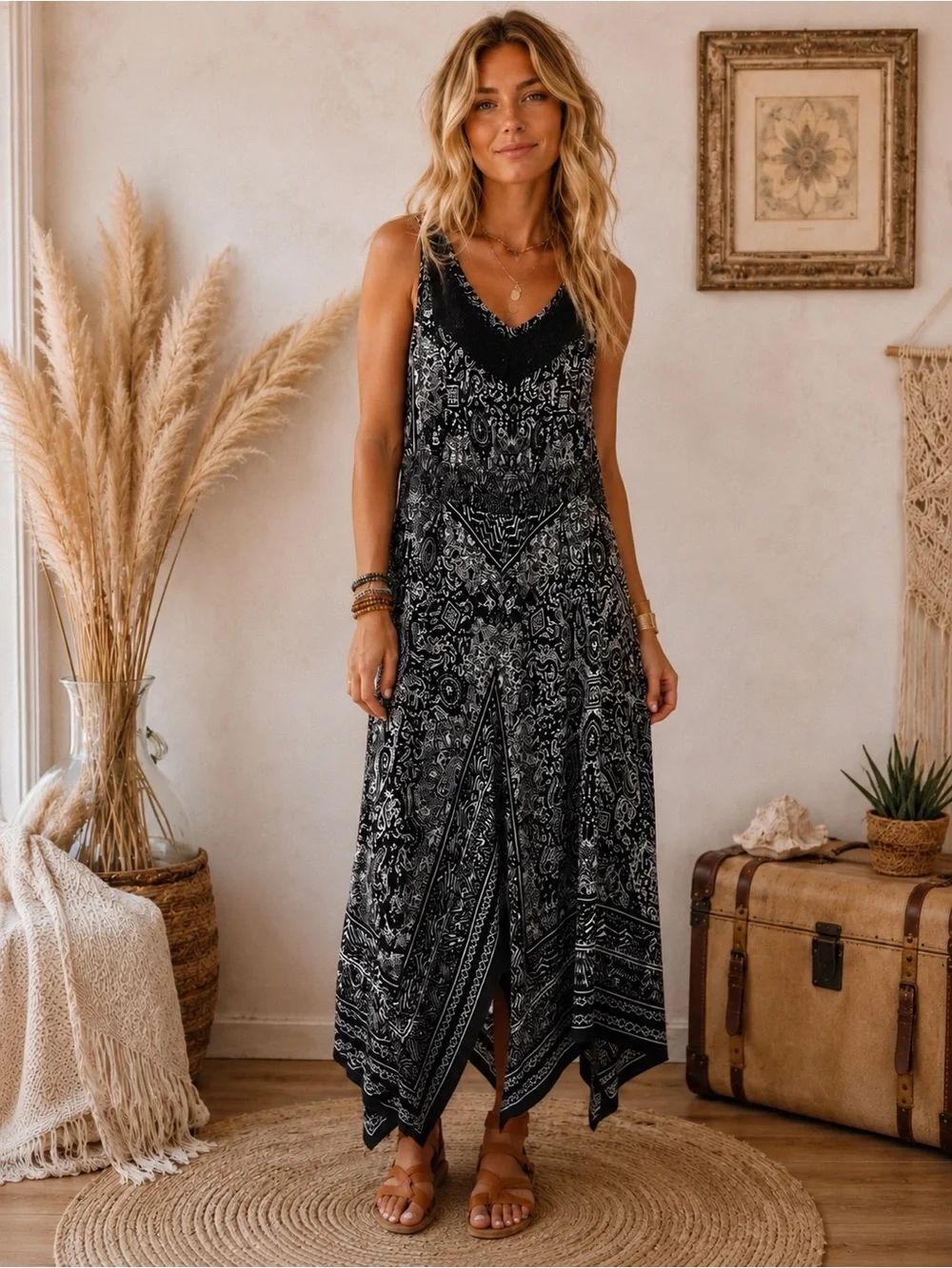 Billabong Black Printed Maxi Dress with handkerchief hem. Boho Aesthetic